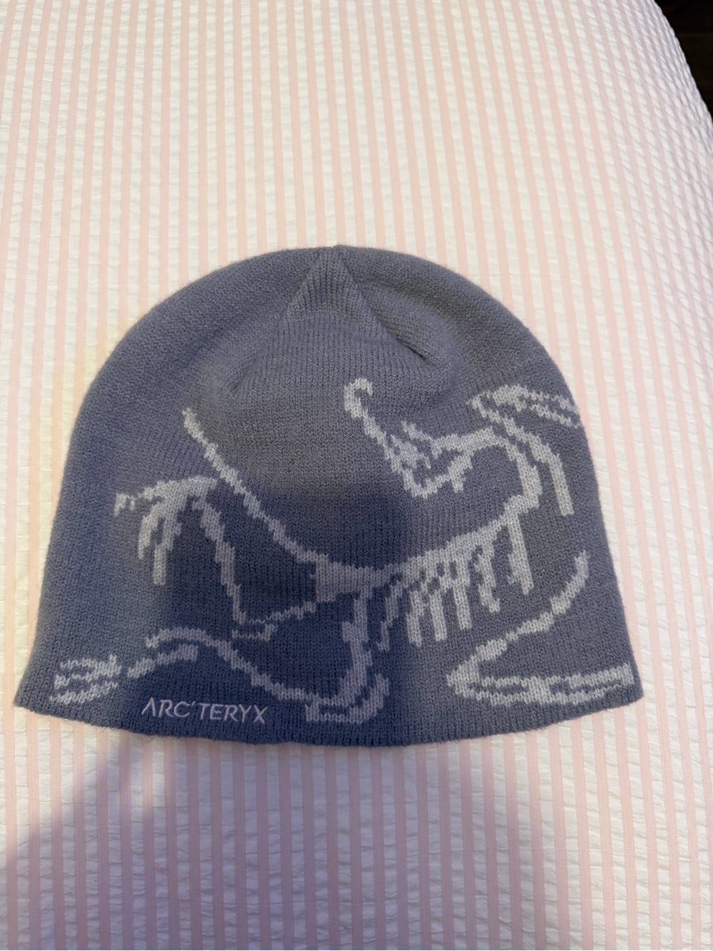 Arc'teryx Gray Knit Beanie with Light Purple Logo Pattern